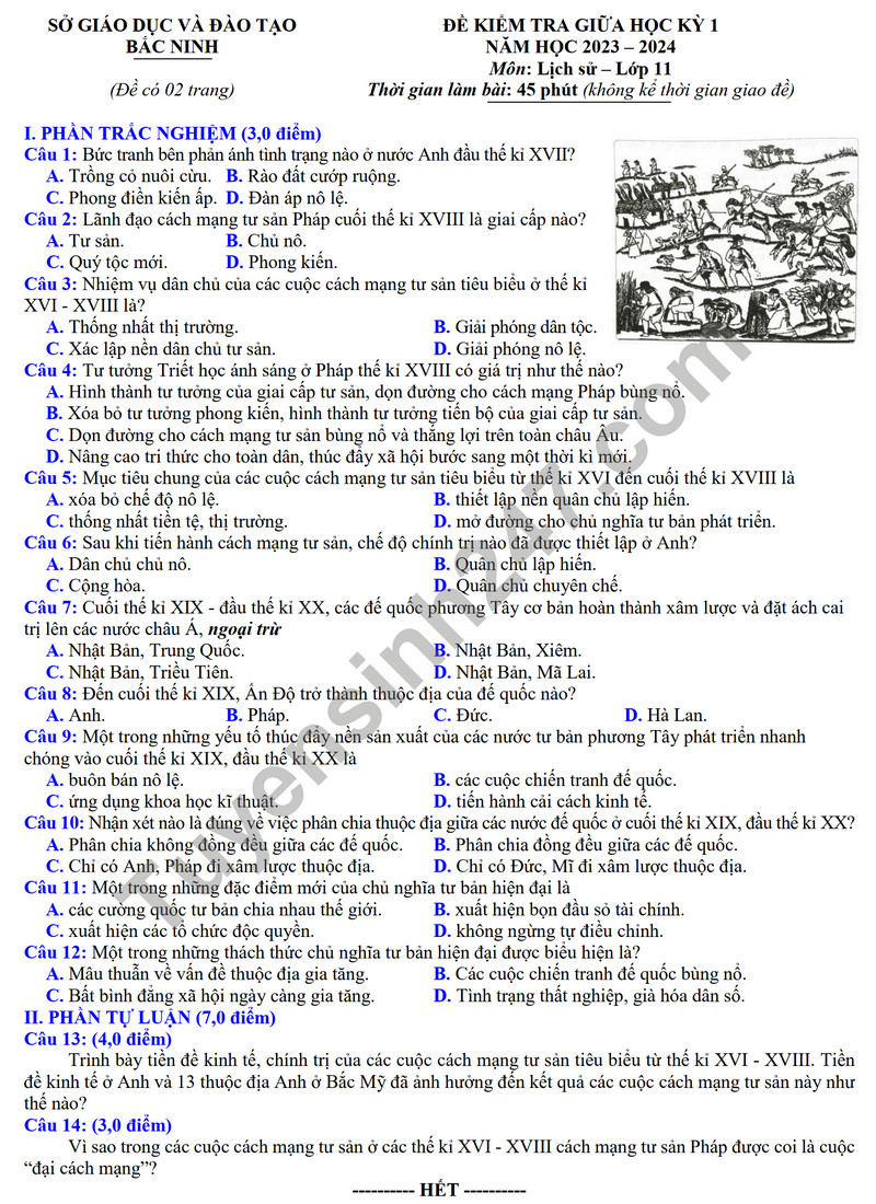 De thi giua ki 1 mon Su lop 11 - So GD Bac Ninh 2023