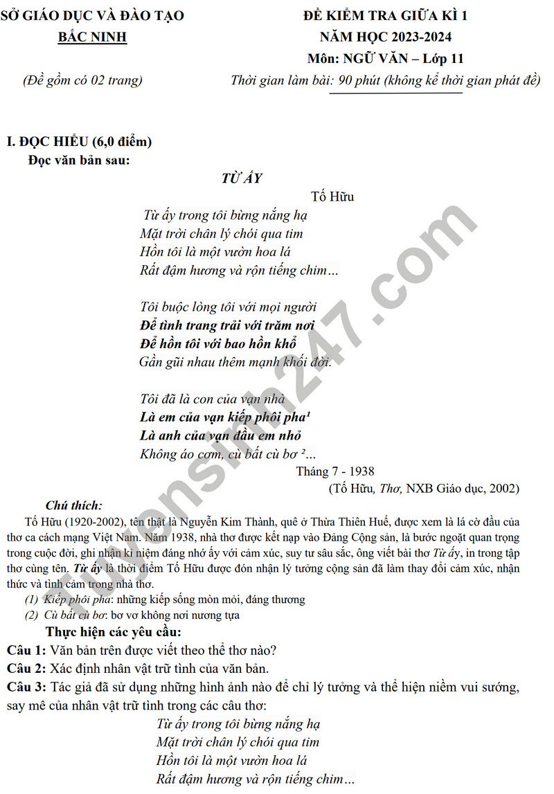 De thi giua ki 1 mon Van lop 11 - So GD Bac Ninh 2023
