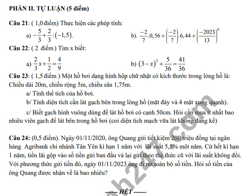 De thi giua ki 1 mon Toan lop 7 - Phong GD Tan Yen 2023