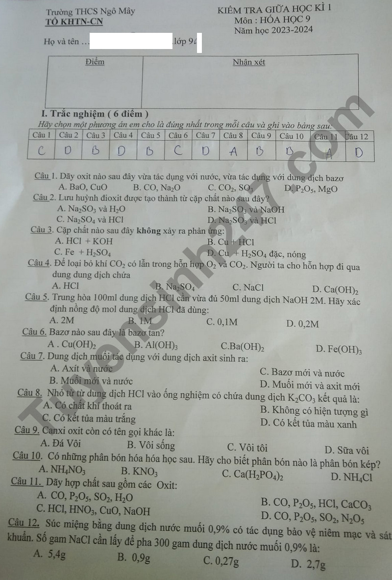 De thi giua ki 1 nam 2023 mon Hoa lop 9 - THCS Ngo May