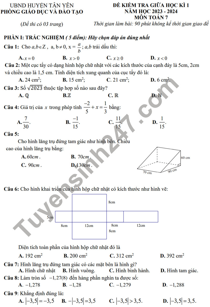De thi giua ki 1 mon Toan lop 7 - Phong GD Tan Yen 2023