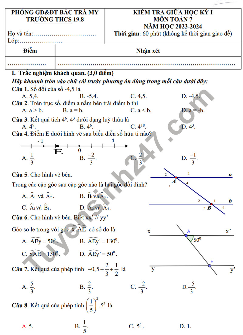 De thi giua ki 1 nam 2023 mon Toan lop 7 - THCS 19.8