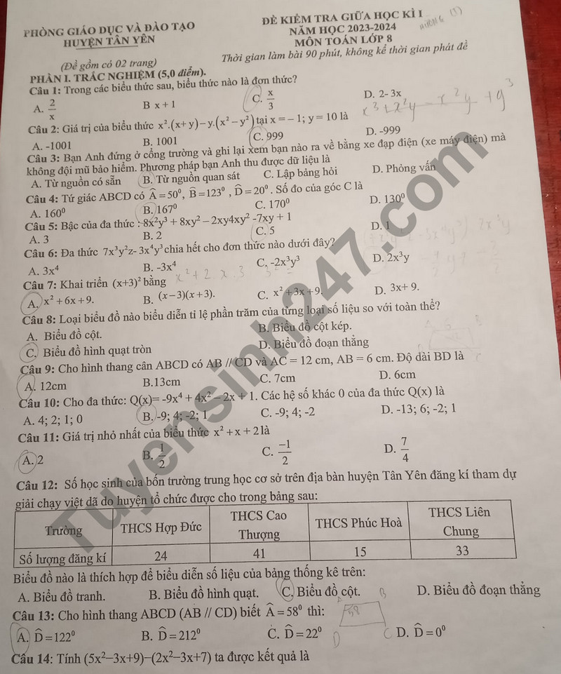 De thi giua ki 1 mon Toan lop 8 - Phong GD Tan Yen 2023