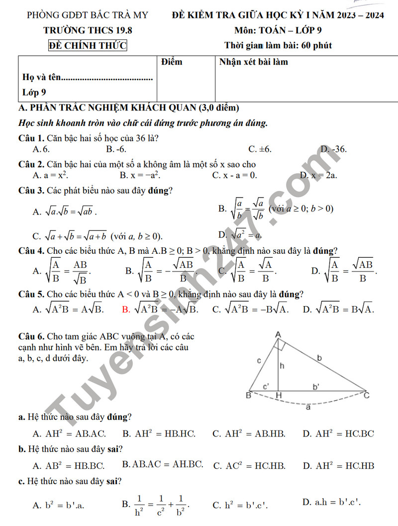 De thi giua ki 1 mon Toan lop 9 - THCS 19.8 nam 2023