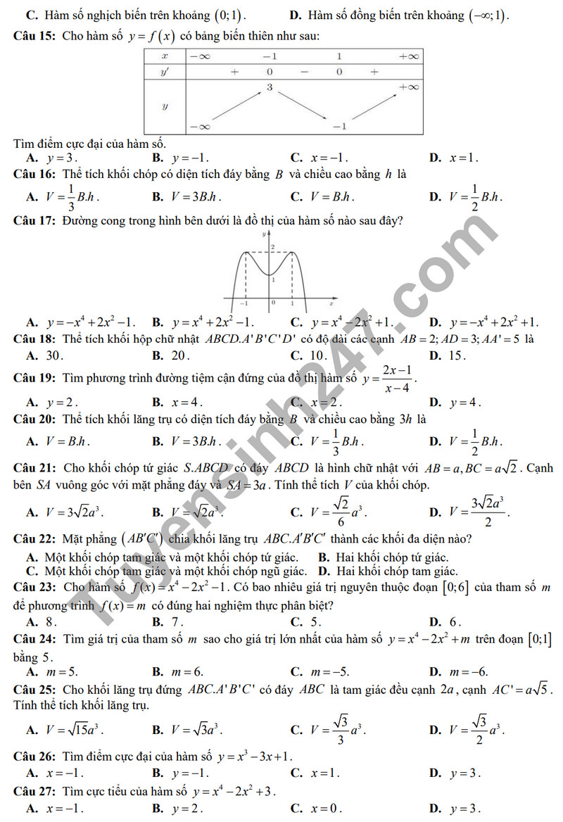 De thi giua ki 1 mon Toan lop 12 - THPT Huong Hoa 2023