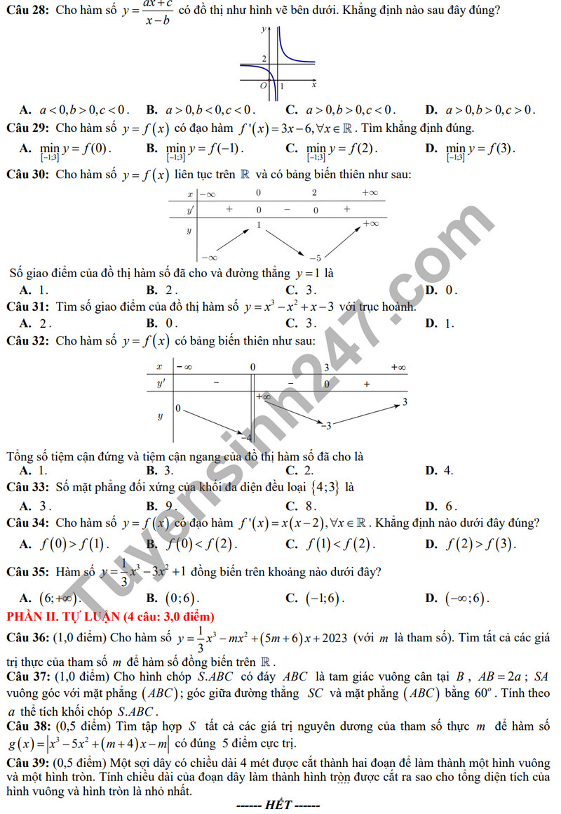 De thi giua ki 1 mon Toan lop 12 - THPT Huong Hoa 2023