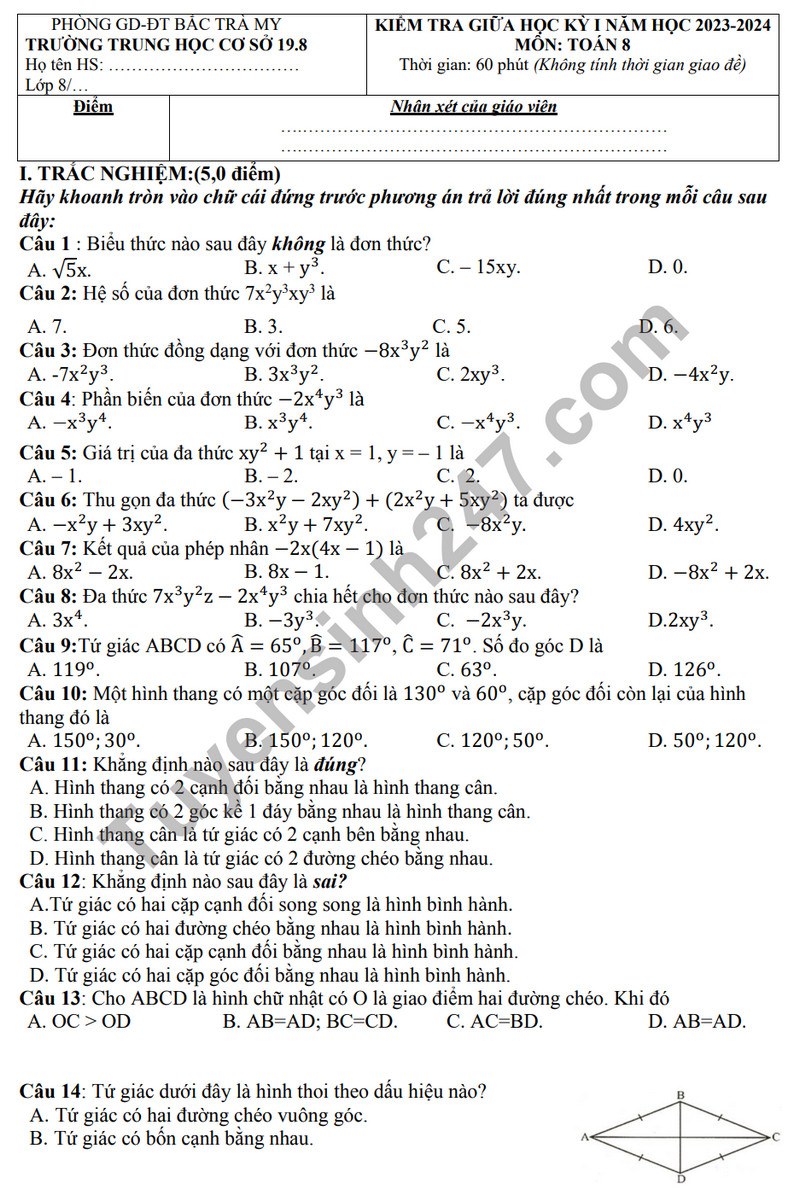 De thi giua ki 1 mon Toan lop 8 nam 2023 - THCS 19.8