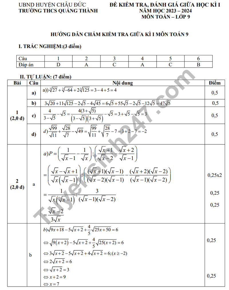De thi giua ki 1 lop 9 mon Toan - THCS Quang Thanh 2023