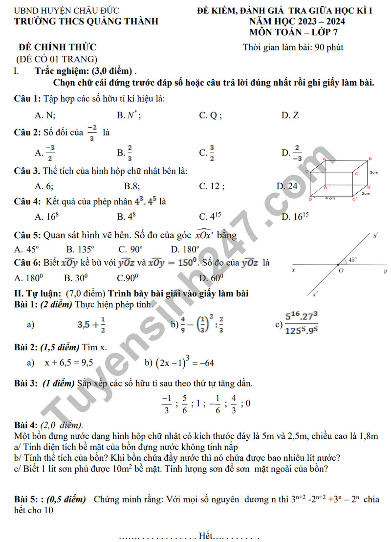 De kiem tra giua ki 1 - THCS Quang Thanh nam 2023 mon Toan lop 7
