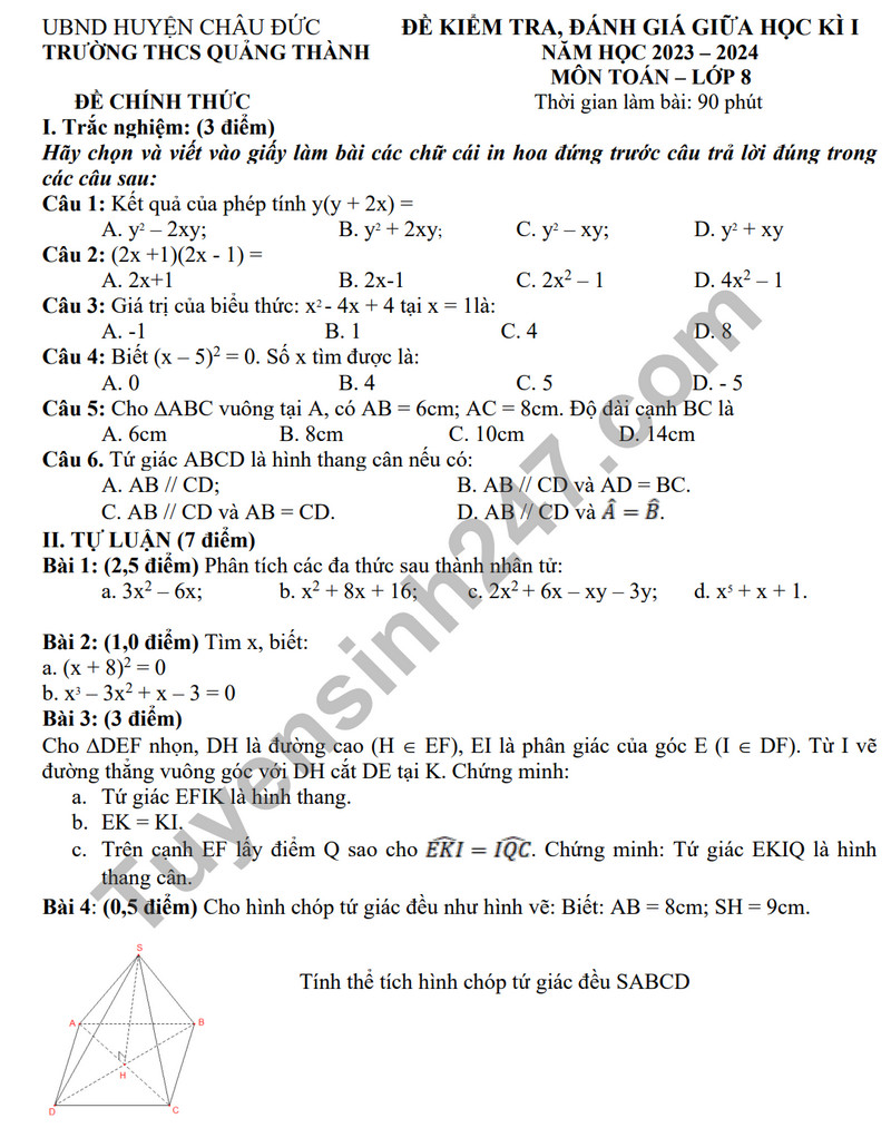 De thi giua ki 1 mon Toan lop 8 - THCS Quang Thanh 2023