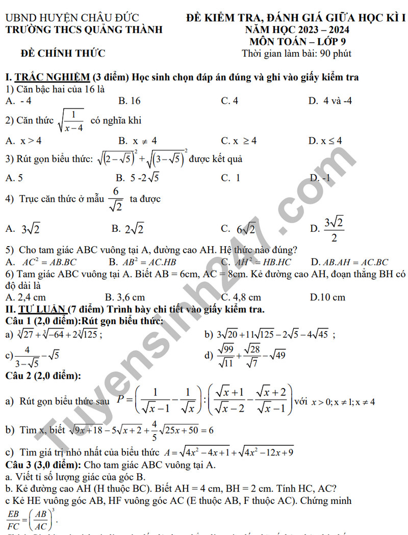 De thi giua ki 1 lop 9 mon Toan - THCS Quang Thanh 2023