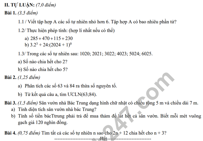 De thi giua ki 1 mon Toan lop 6 - THCS Ly Tu Trong 2023