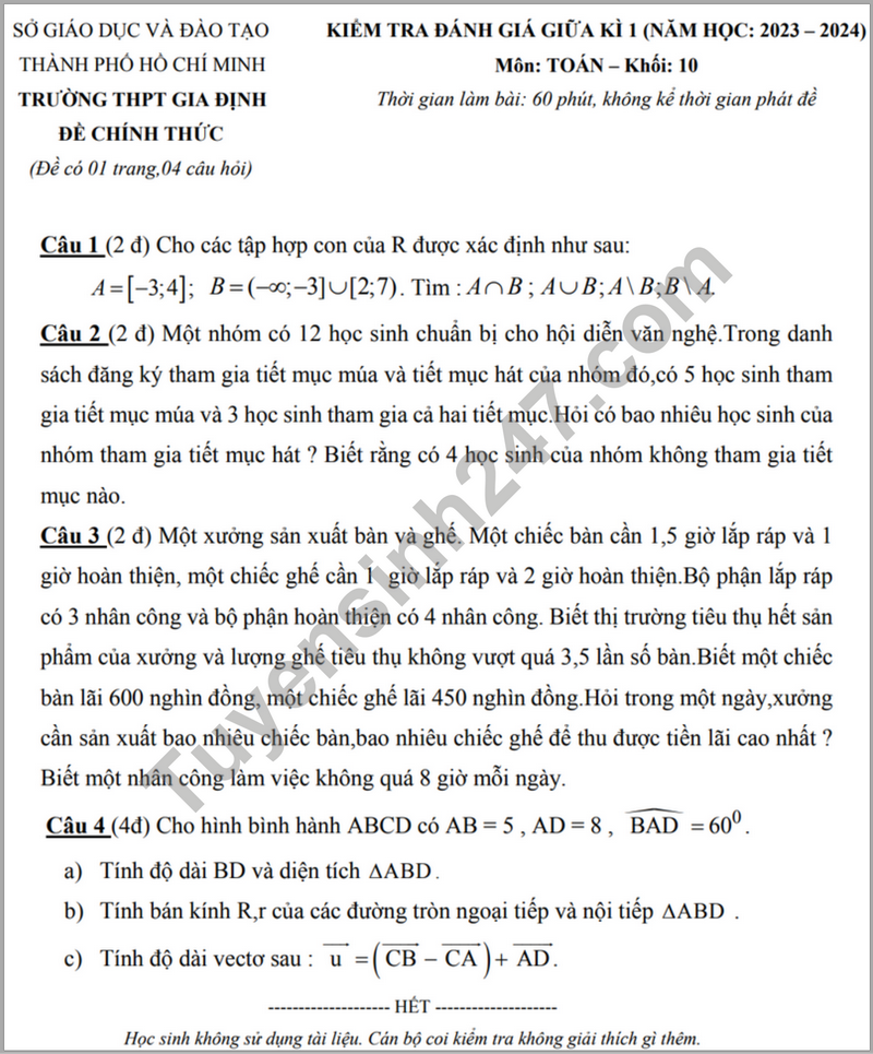 De thi giua ki 1 mon Toan lop 10 nam 2023 - THPT Gia Dinh