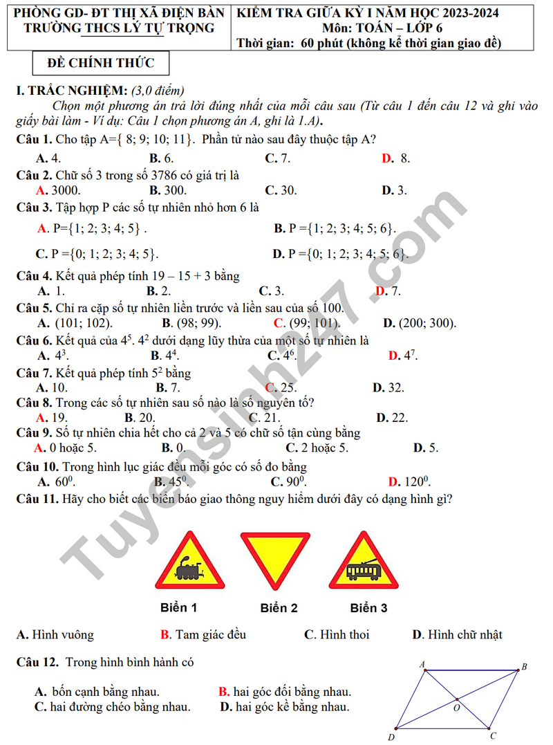 De thi giua ki 1 mon Toan lop 6 - THCS Ly Tu Trong 2023