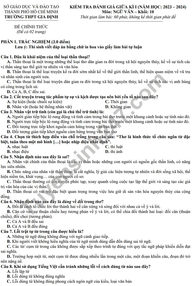 De thi giua ki 1 nam 2023 mon Van lop 10 - THPT Gia Dinh