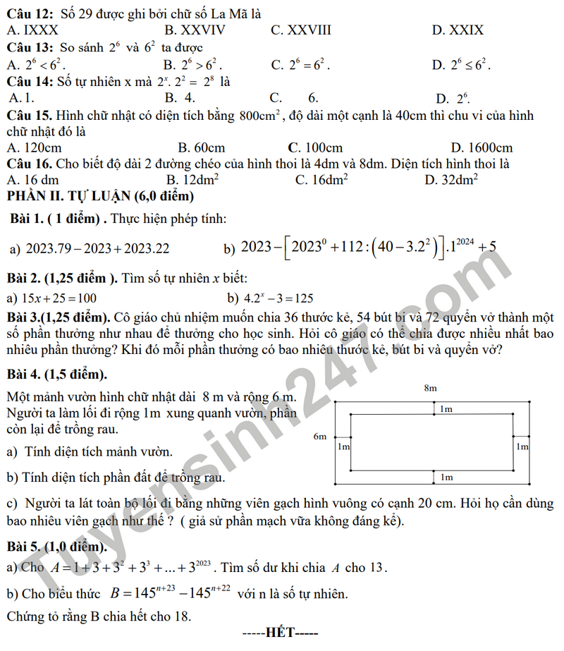 De thi giua ki 1 mon Toan lop 6 - THCS My Phuc 2023