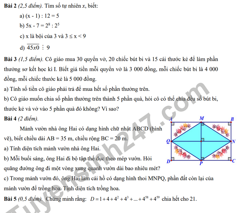 De thi giua ki 1 nam 2023 mon Toan lop 6 - THCS Tan Mai