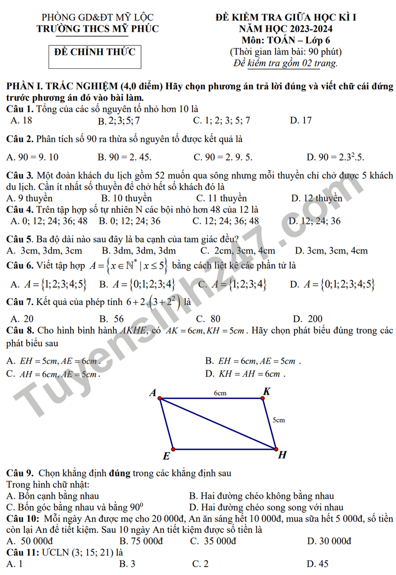 De thi giua ki 1 mon Toan lop 6 - THCS My Phuc 2023