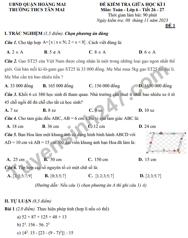De thi giua ki 1 nam 2023 mon Toan lop 6 - THCS Tan Mai