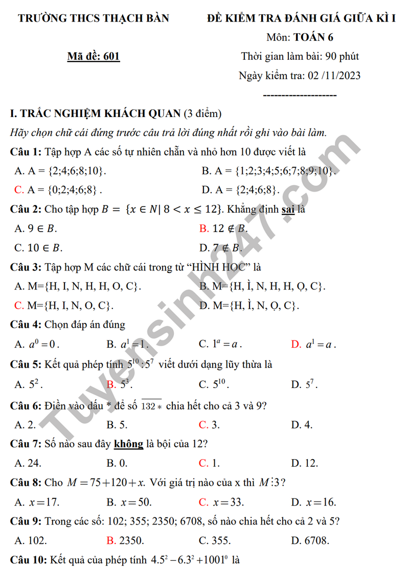 De thi giua ki 1 nam 2023 mon Toan lop 6 - THCS Thach Ban