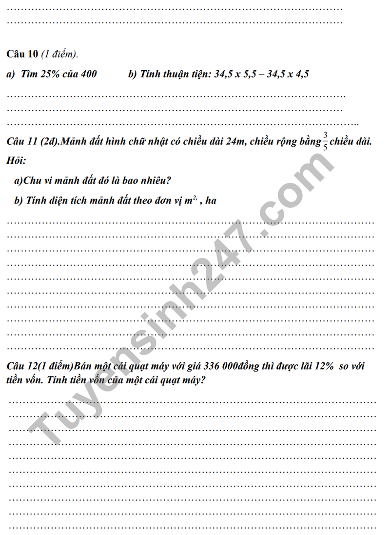 De thi cuoi ki 1 mon Toan lop 5 - TH Van Tien 2023