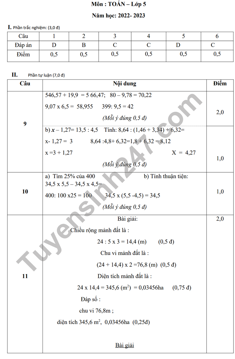 De thi cuoi ki 1 mon Toan lop 5 - TH Van Tien 2023