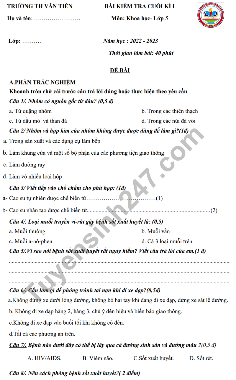 De thi cuoi ki 1 mon Khoa hoc lop 5 - TH Van Tien 2023