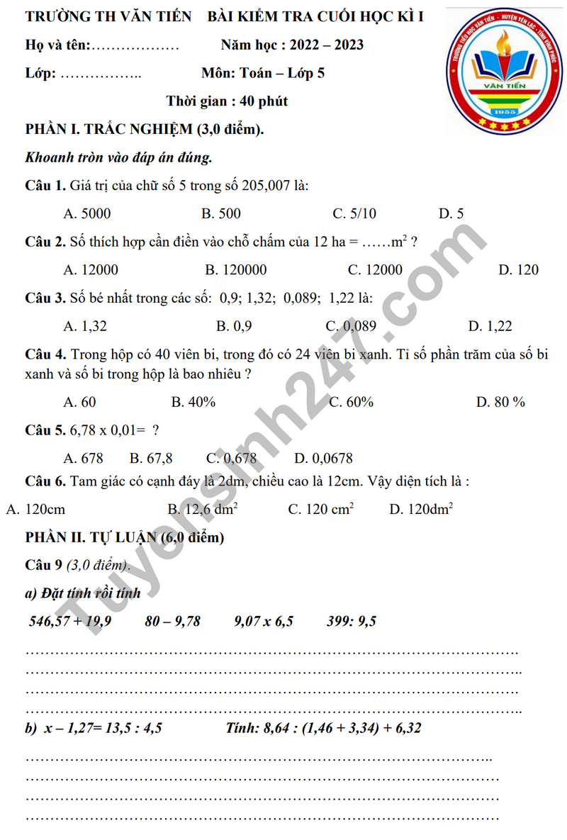 De thi cuoi ki 1 mon Toan lop 5 - TH Van Tien 2023