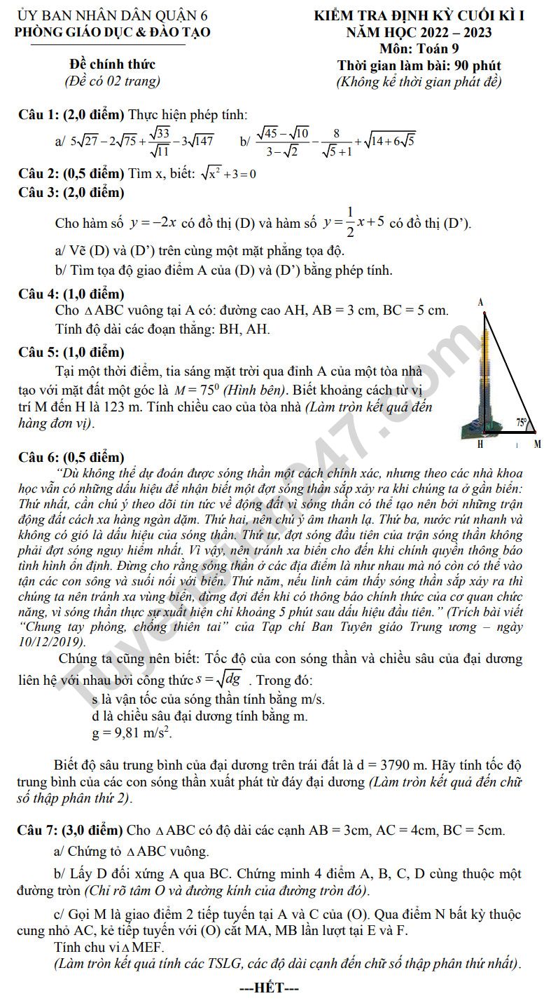 De thi cuoi ki 1 mon Toan 2023 lop 9 - Phong GD Quan 6