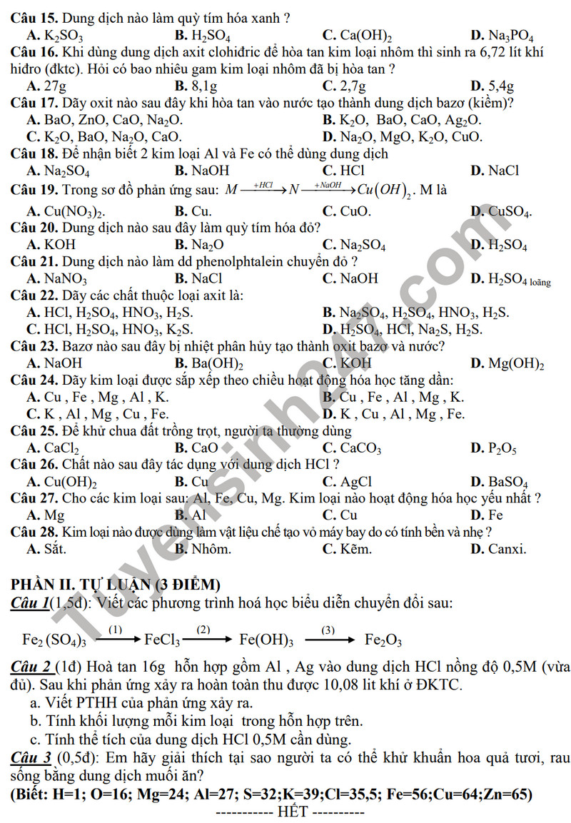 De thi cuoi ki 1 mon Hoa lop 9 - THCS Ngoc Thuy 2023