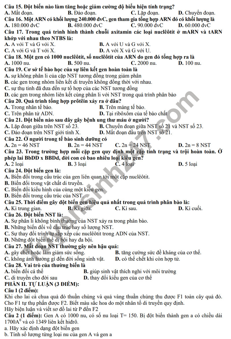 De thi cuoi ki 1 mon Sinh lop 9 - THCS Ngoc Thuy 2023