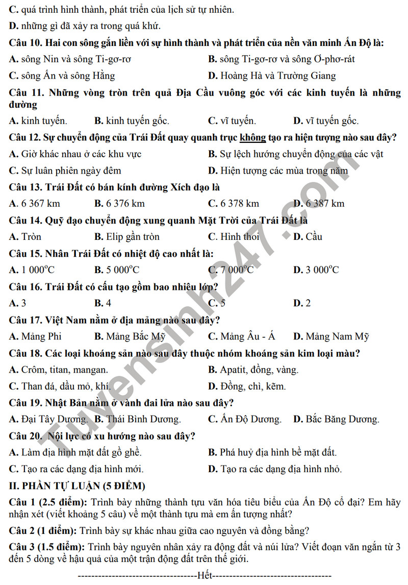 De thi cuoi ki 1 mon Su va Dia lop 6 - THCS Ngoc Thuy 2023
