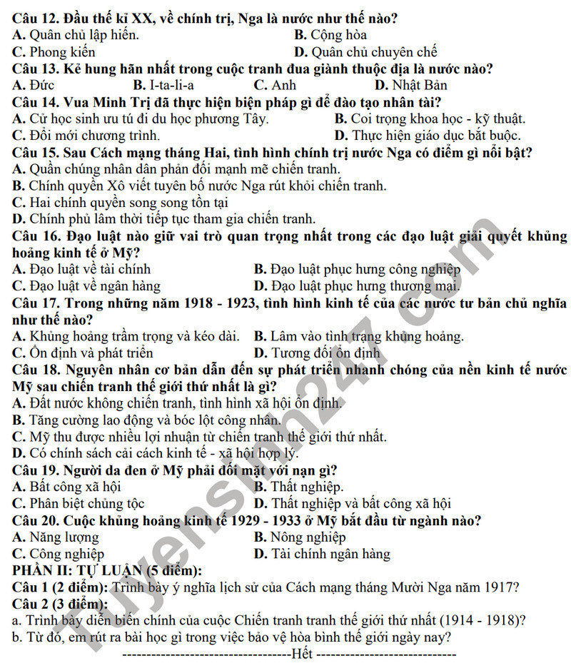 De thi cuoi ki 1 mon Su lop 8 - THCS Ngoc Thuy 2023