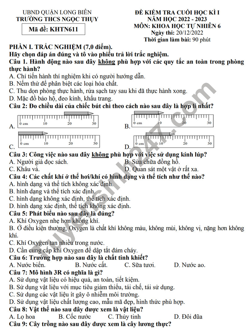 De thi cuoi ki 1 mon Khoa hoc tu nhien lop 6 - THCS Ngoc Thuy 2023