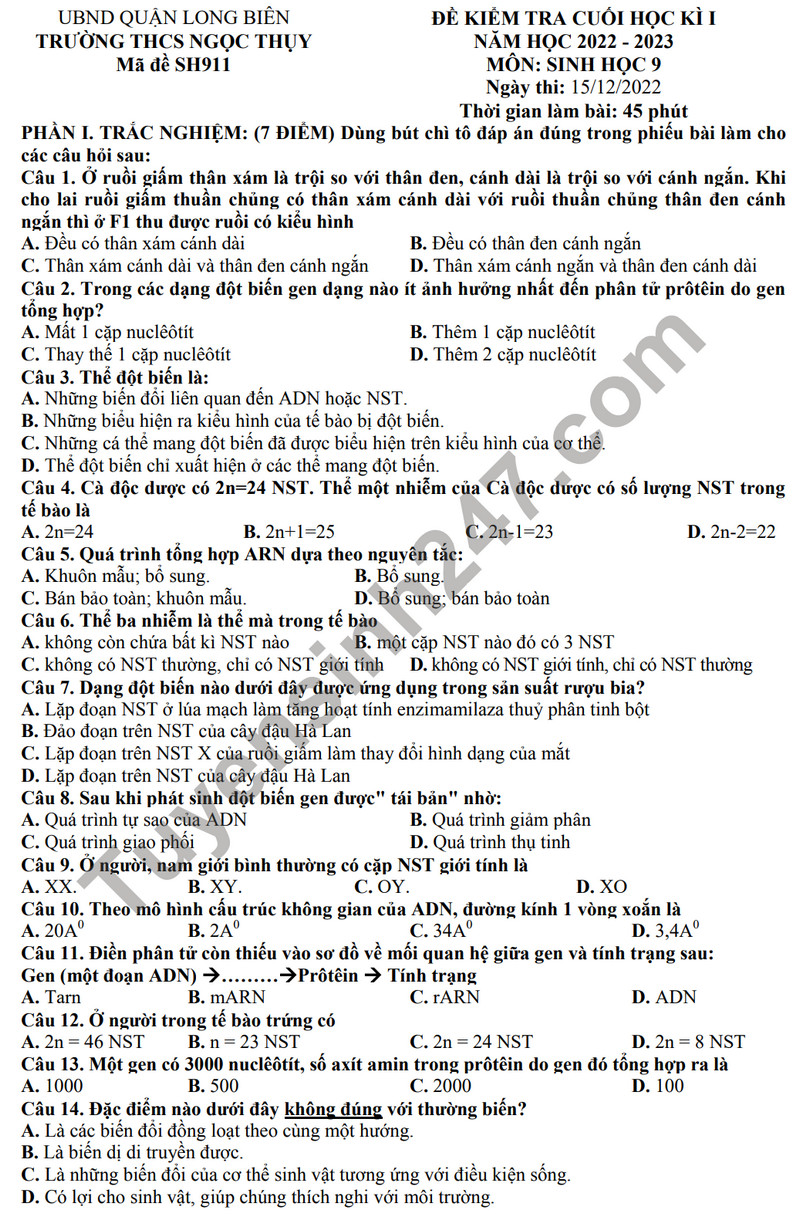 De thi cuoi ki 1 mon Sinh lop 9 - THCS Ngoc Thuy 2023