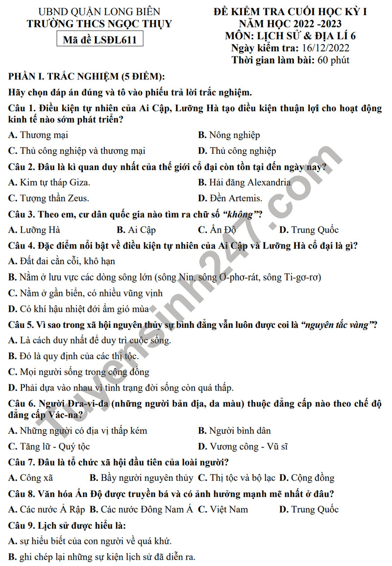 De thi cuoi ki 1 mon Su va Dia lop 6 - THCS Ngoc Thuy 2023