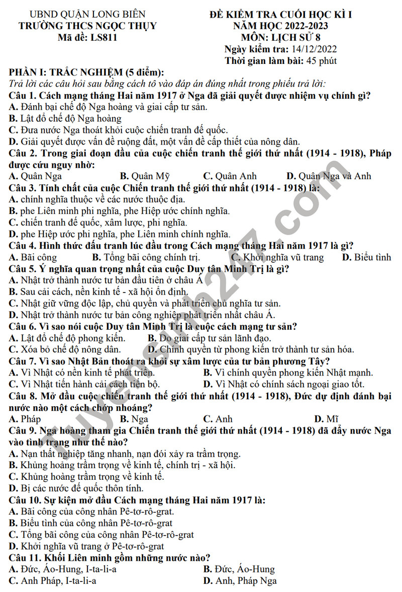 De thi cuoi ki 1 mon Su lop 8 - THCS Ngoc Thuy 2023
