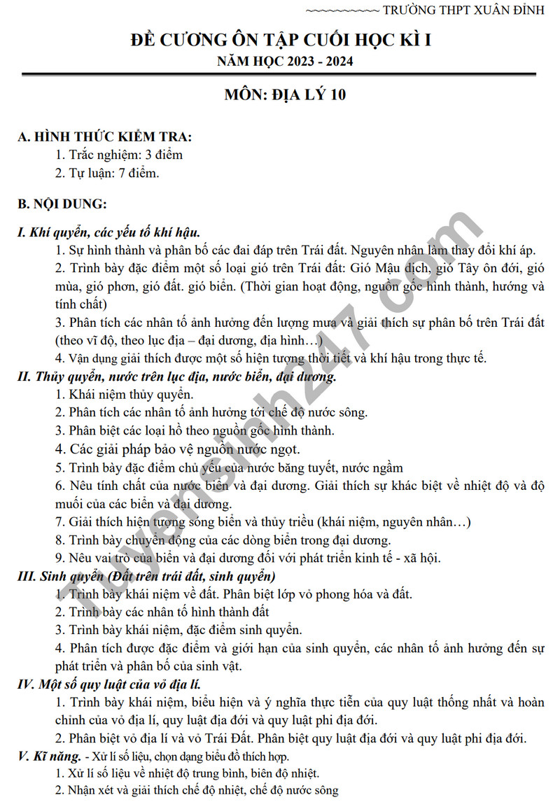 De cuong ki 1 nam 2023 mon Dia lop 10 - THPT Xuan Dinh