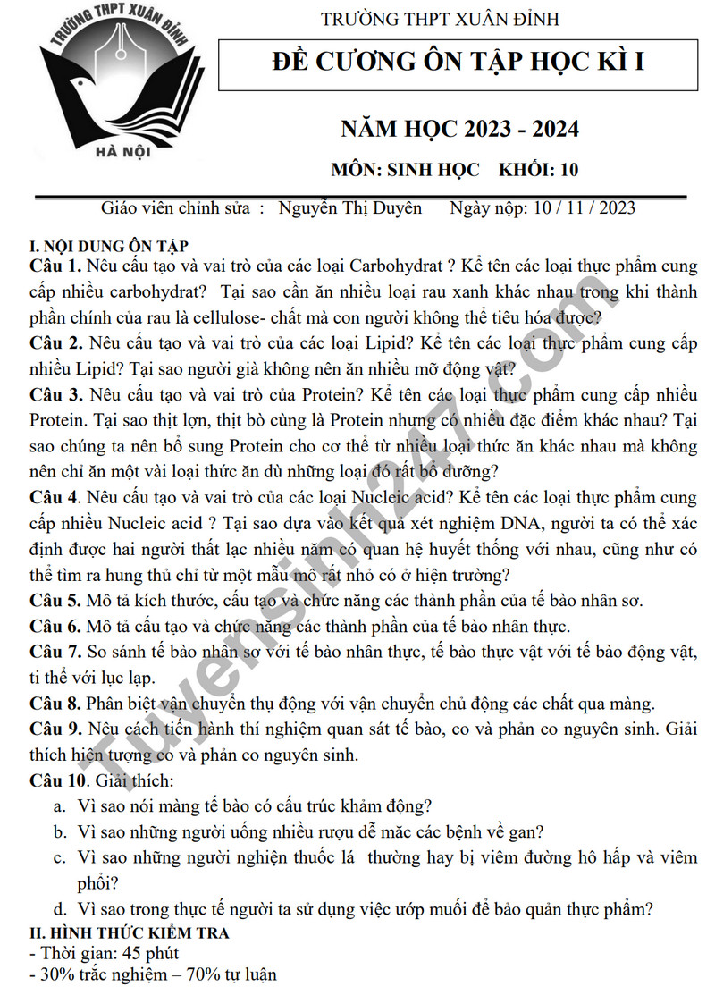 De cuong ki 1 nam 2023 mon Sinh lop 10 - THPT Xuan Dinh
