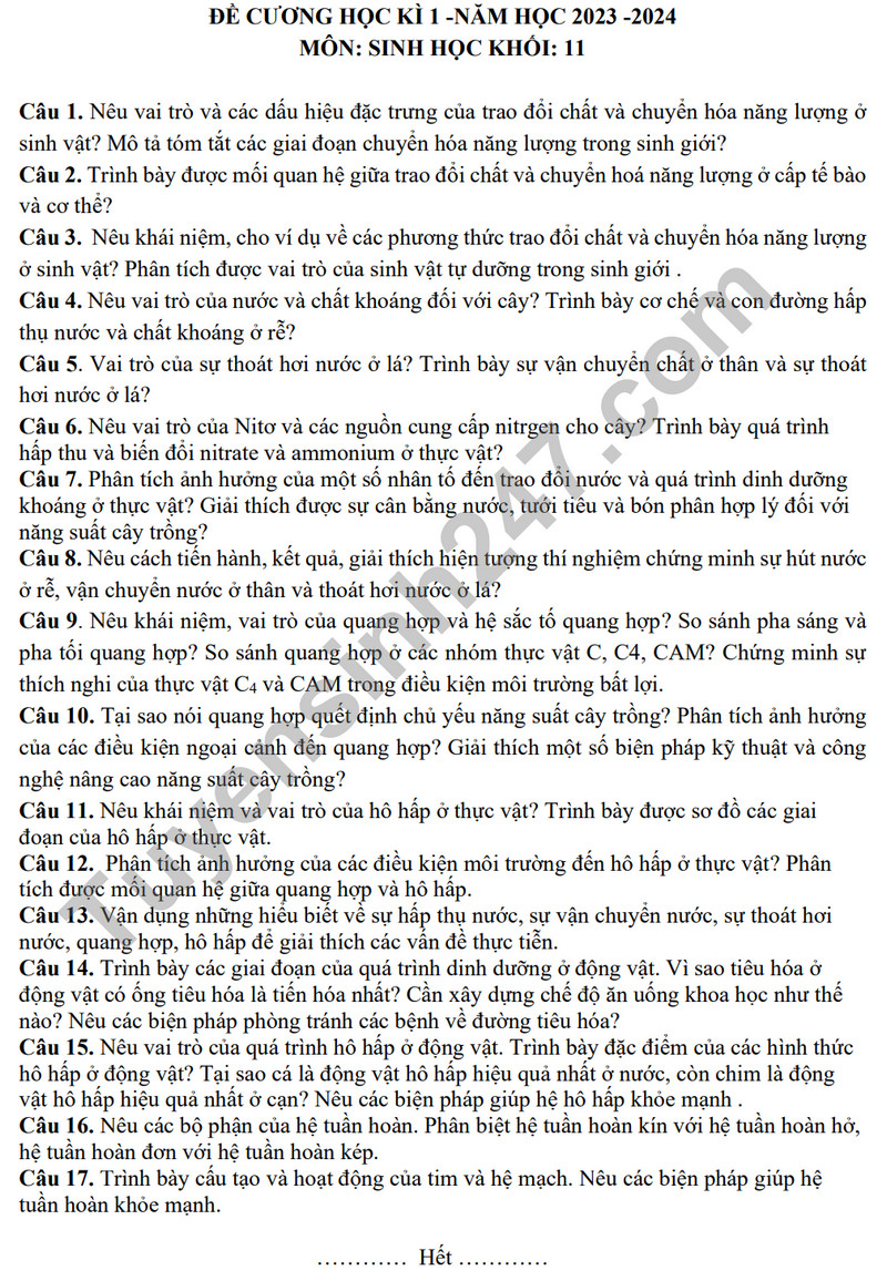 De cuong on tap ki 1 mon Sinh lop 11 - THPT Xuan Dinh 2023