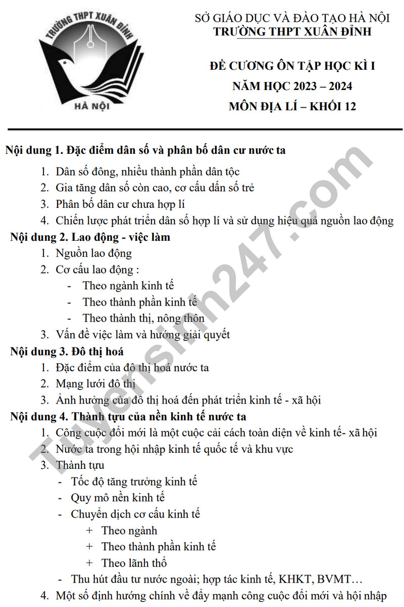 De cuong on tap ki 1 mon Dia lop 12 - THPT Xuan Dinh 2023