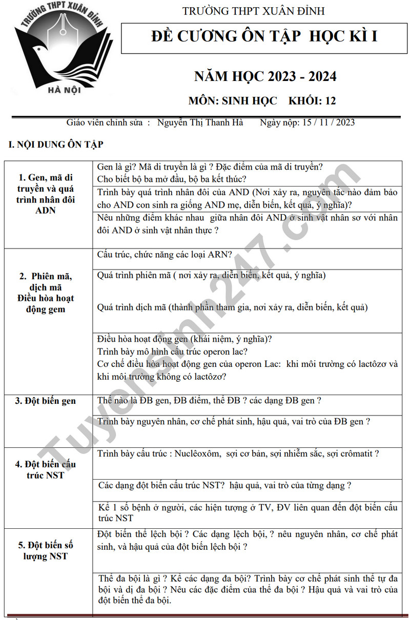 De cuong on tap ki 1 mon Sinh lop 12 nam 2023 - THPT Xuan Dinh