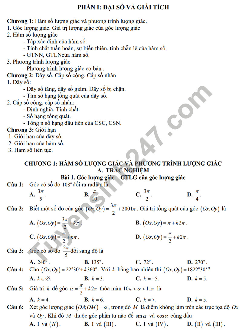 De cuong on tap ki 1 mon Toan lop 11 nam 2023 - THPT Yen Hoa