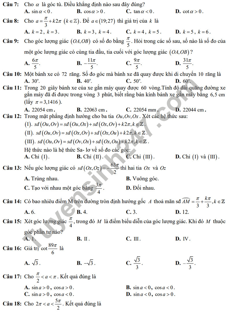 De cuong on tap ki 1 mon Toan lop 11 nam 2023 - THPT Yen Hoa