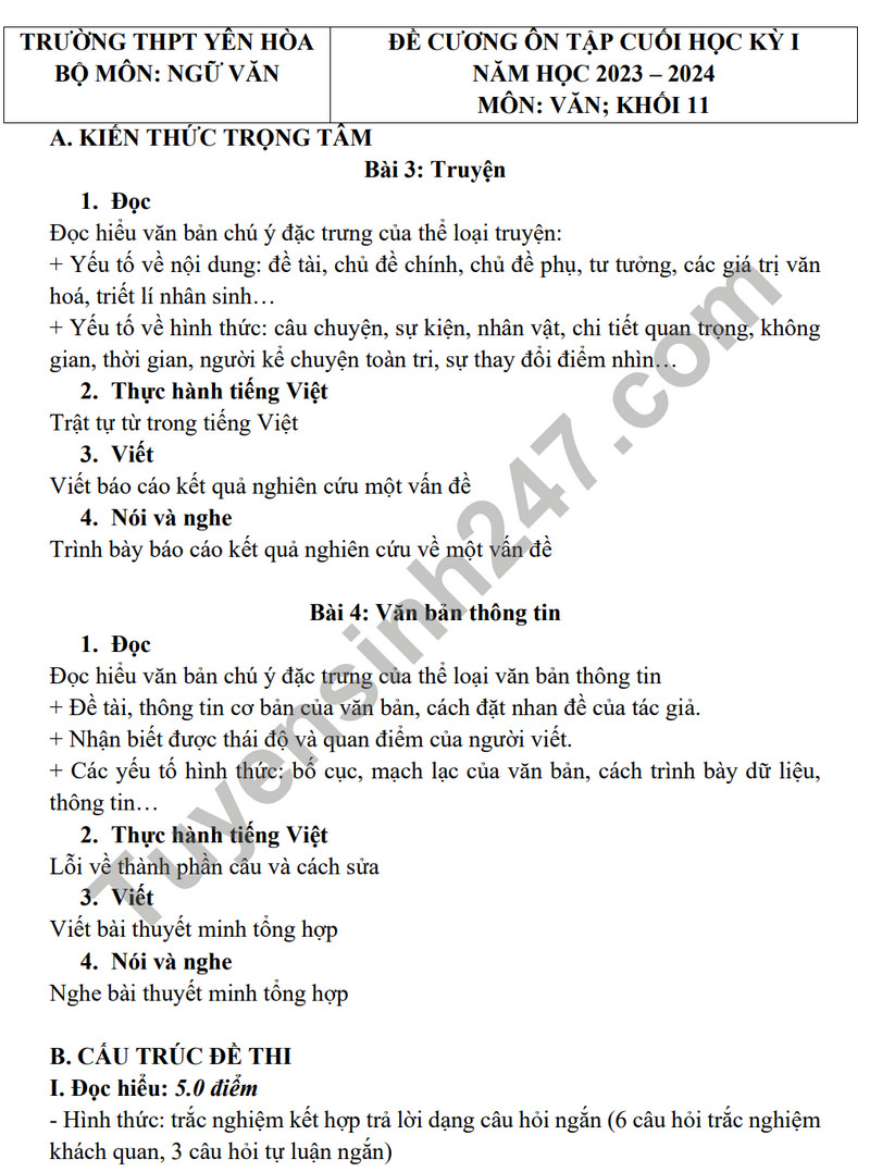 De cuong on tap ki 1 mon Van lop 11 nam 2023 - THPT Yen Hoa