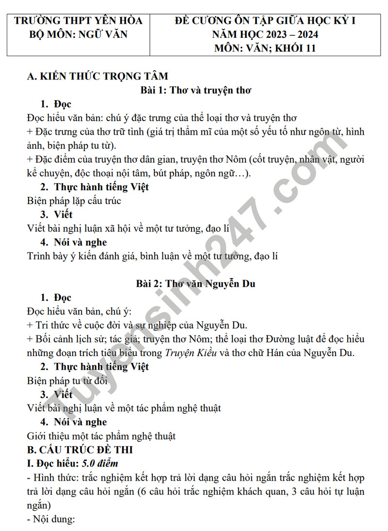 De cuong on tap ki 1 mon Van lop 11 nam 2023 - THPT Yen Hoa