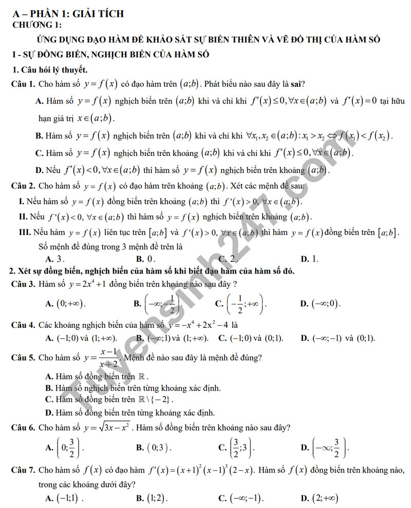 De cuong on tap ki 1 mon Toan lop 12 - THPT Yen Hoa 2023