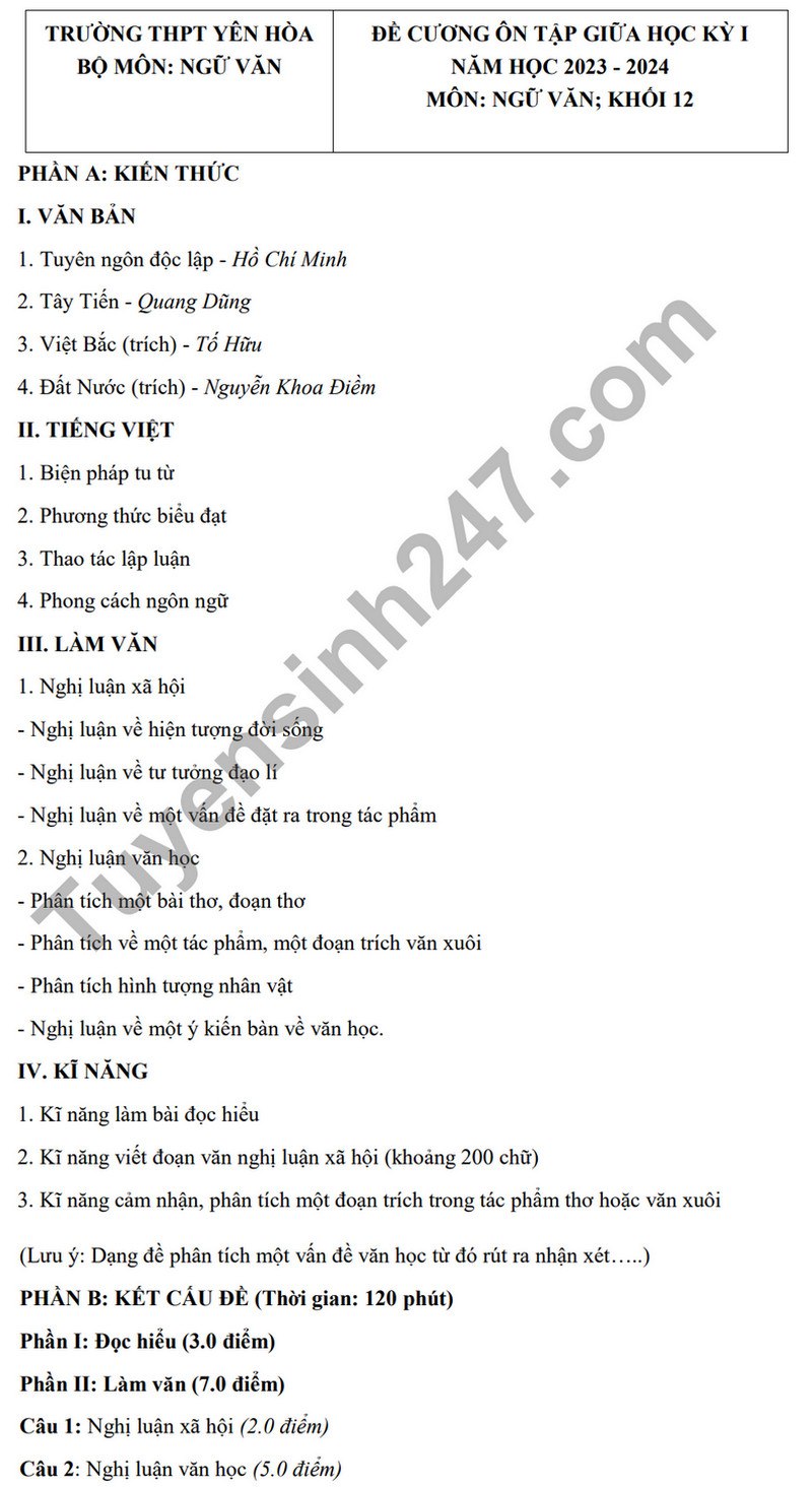De cuong on tap ki 1 nam 2023 mon Van lop 12 - THPT Yen Hoa