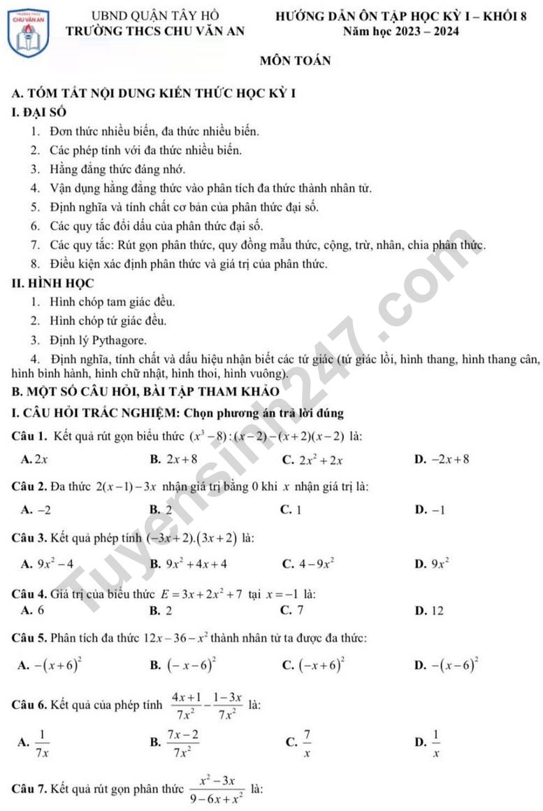De cuong on tap ki 1 lop 8 mon Toan 2023 - THCS Chu Van An