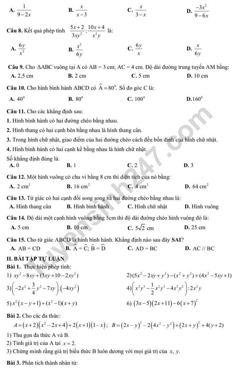 De cuong on tap ki 1 lop 8 mon Toan 2023 - THCS Chu Van An